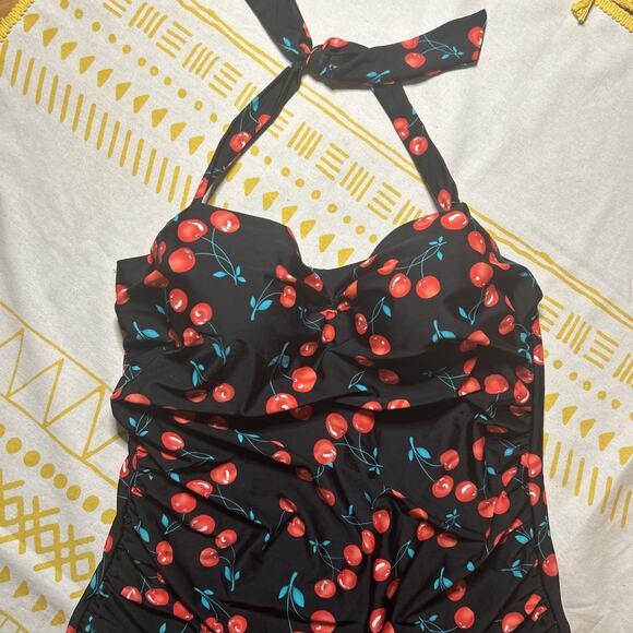 One Piece Women's Pin-up Retro Style Halter Swimsuit 5xl Plus Size Black Cherry - Picture 2 of 8